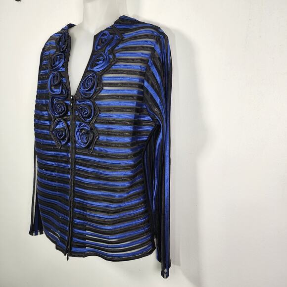 T&W Designs Women Jacket Full Zip Rosettes Striped Blue Black Sheer Long Sleeve - Picture 7 of 10